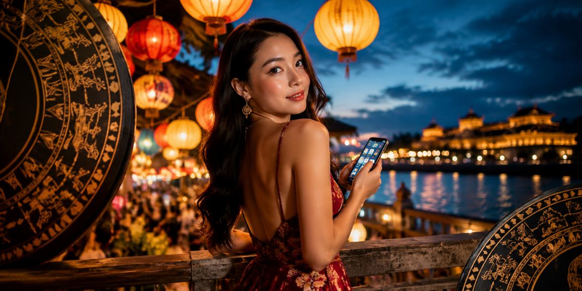 Người dùng sử dụng casino di động tại chợ đêm Huế buổi tối